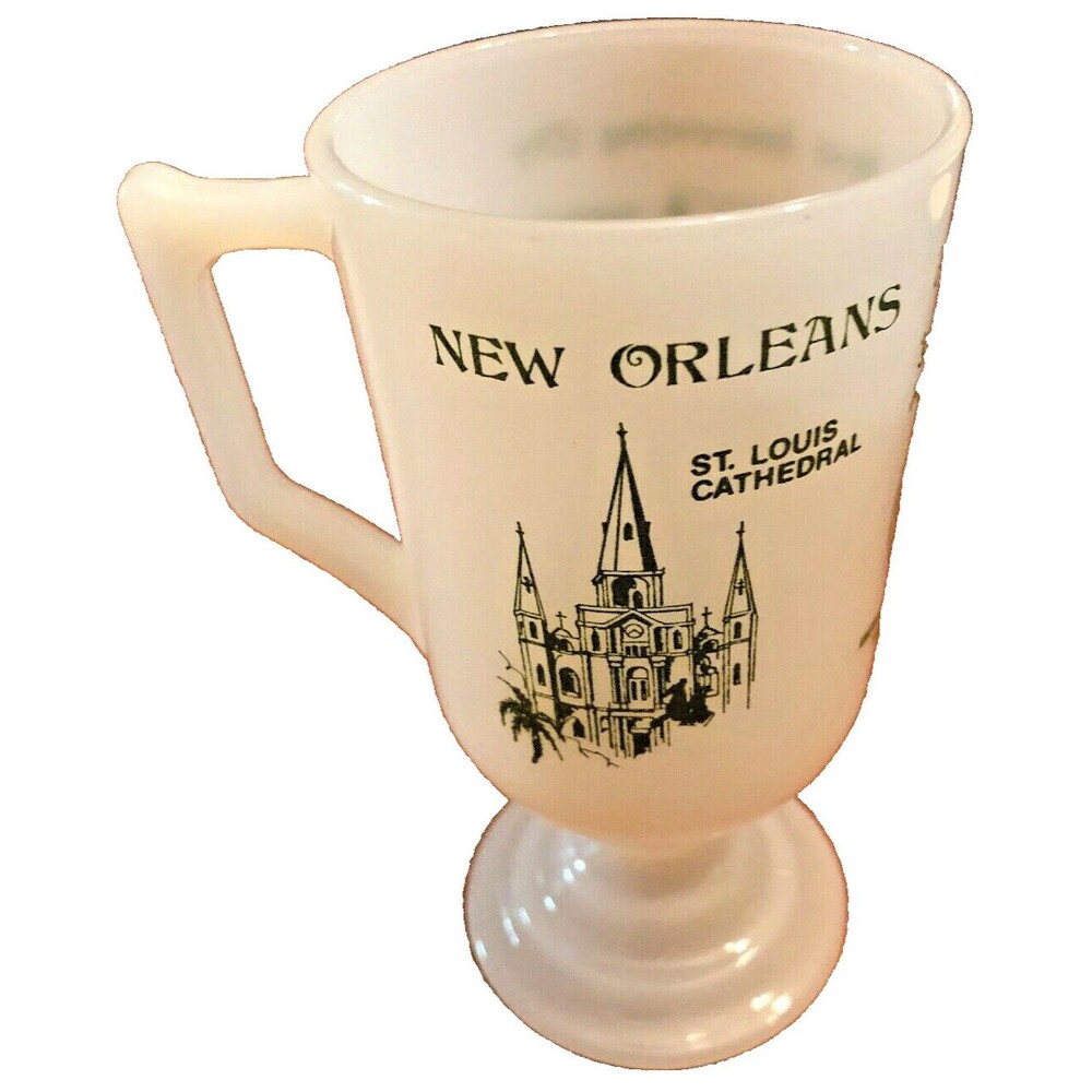Vintage New Orleans Milk Glass Souvenir Coffee Mug, White W/Green  Pedestal  Cup
